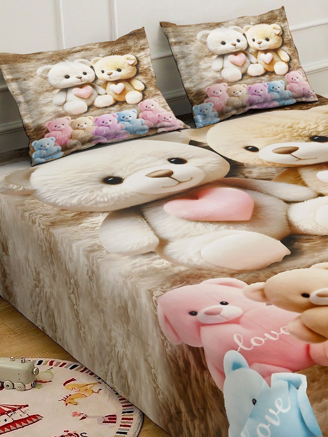 KLOTTHE Beige & Pink Cartoon Printed Fitted 300 TC Super King Bedsheet With 2 Pillow Cover