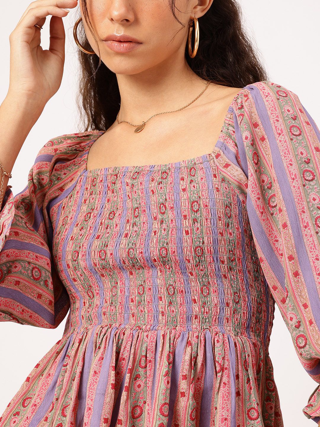 DressBerry Smocked & Stylish Printed A-Line Dress