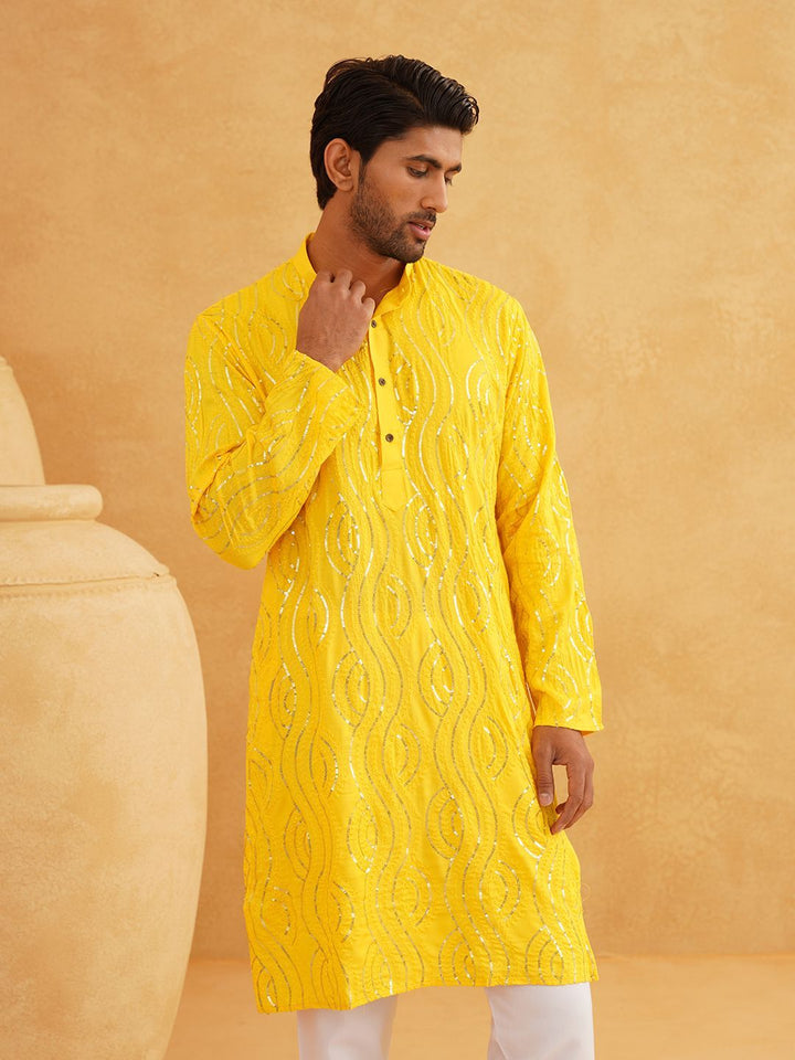 SOJANYA Quirky Sequins Embroidered Band Collar Pure Cotton Straight Long Kurta