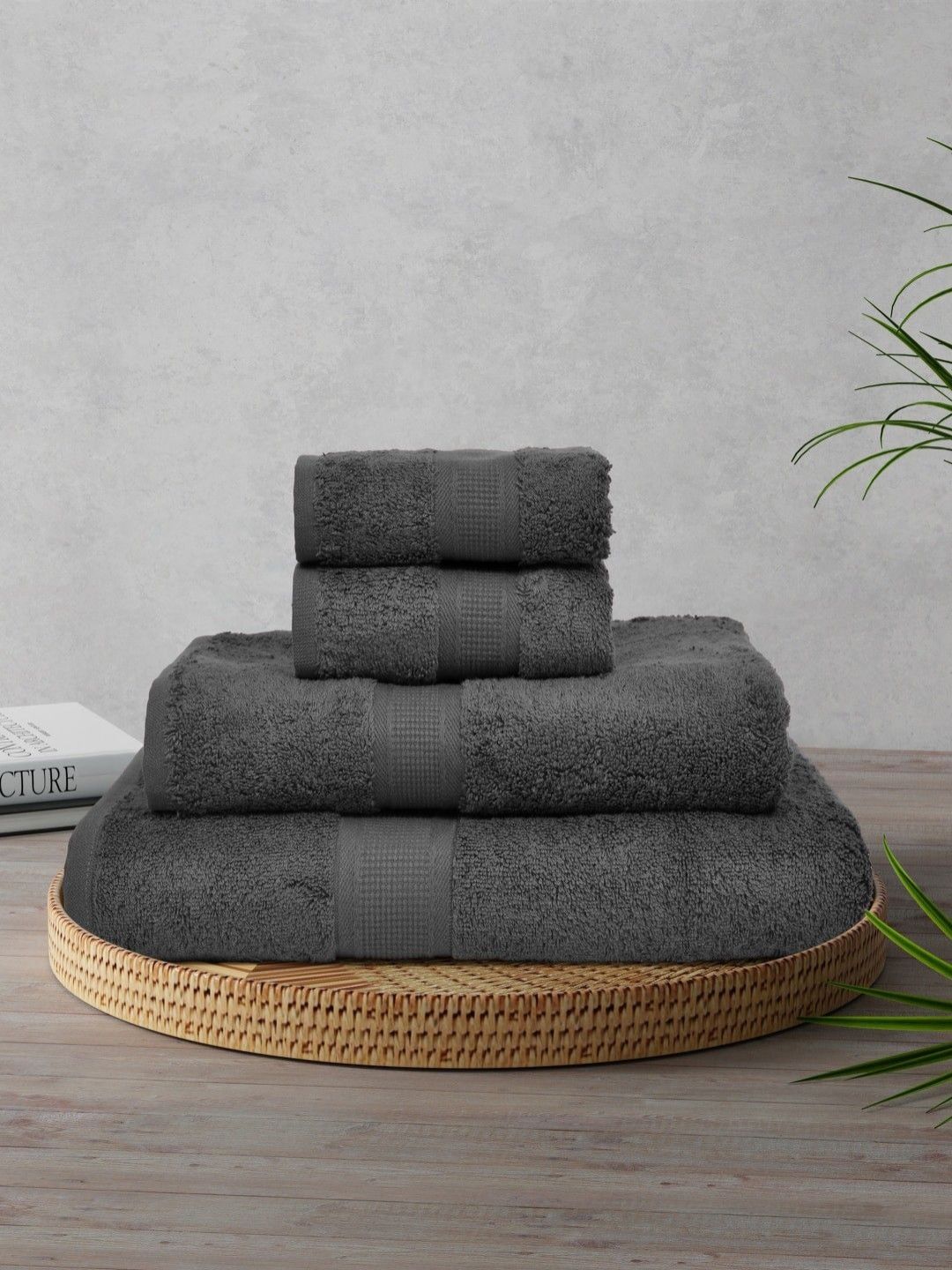 BOMBAY DYEING Grey 4 Pieces Pure Cotton 550 GSM Towel Set