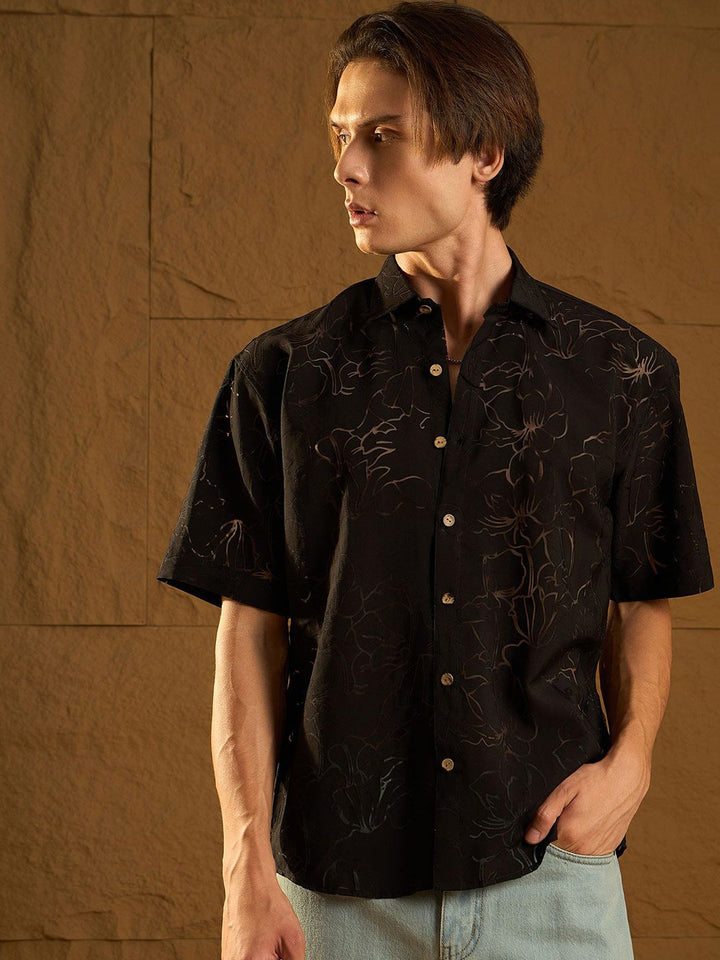 Dennison Men Floral Printed Drop Shoulder Semi Sheer Oversized Shirt
