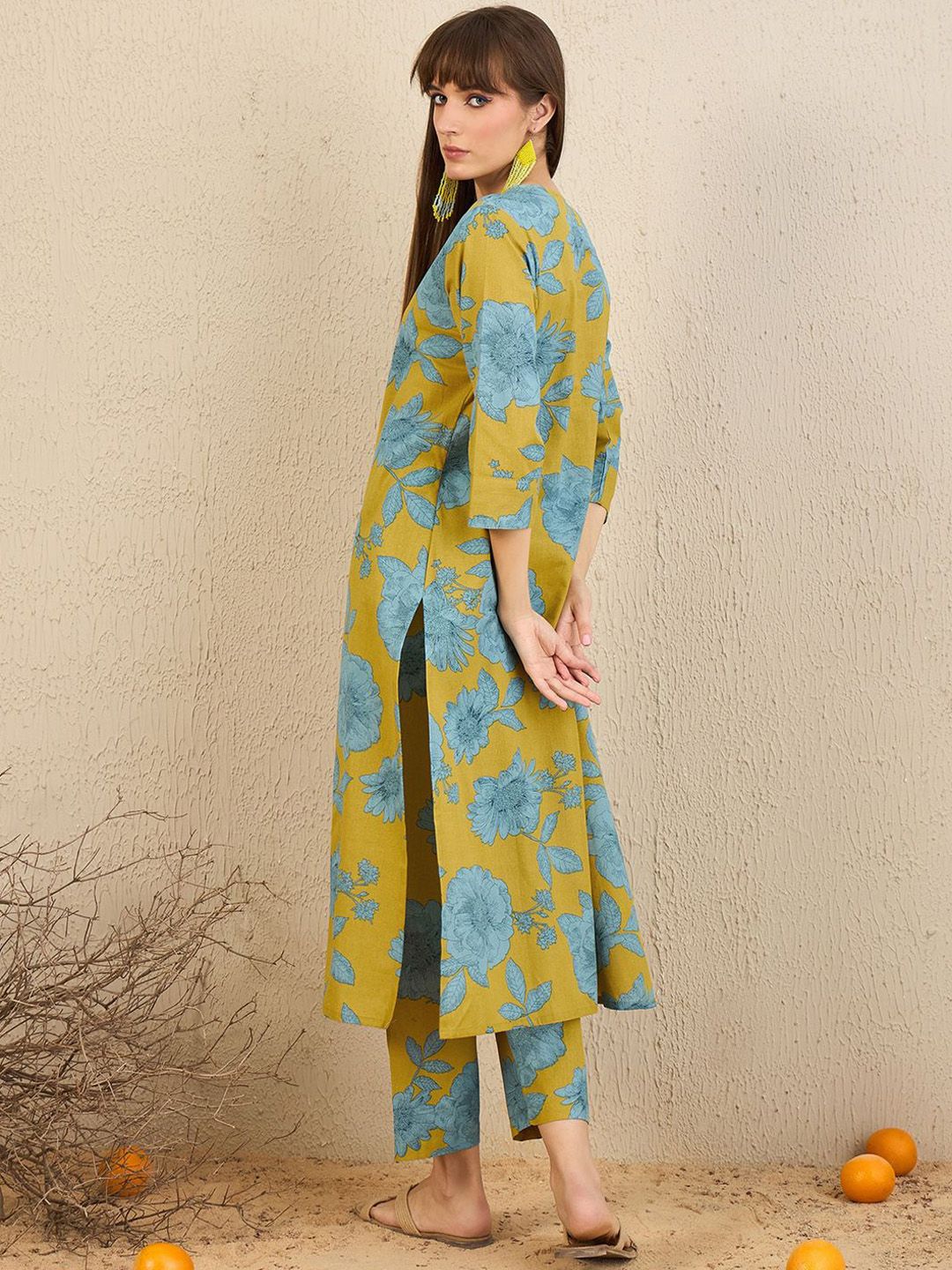 Indo Era Floral Printed V-Neck A-Line Kurta with Trousers