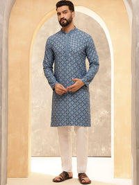 Anouk Blue Mandarin Collar Geometrik Sulam Labuci Kapas Tulen Kurta Lurus