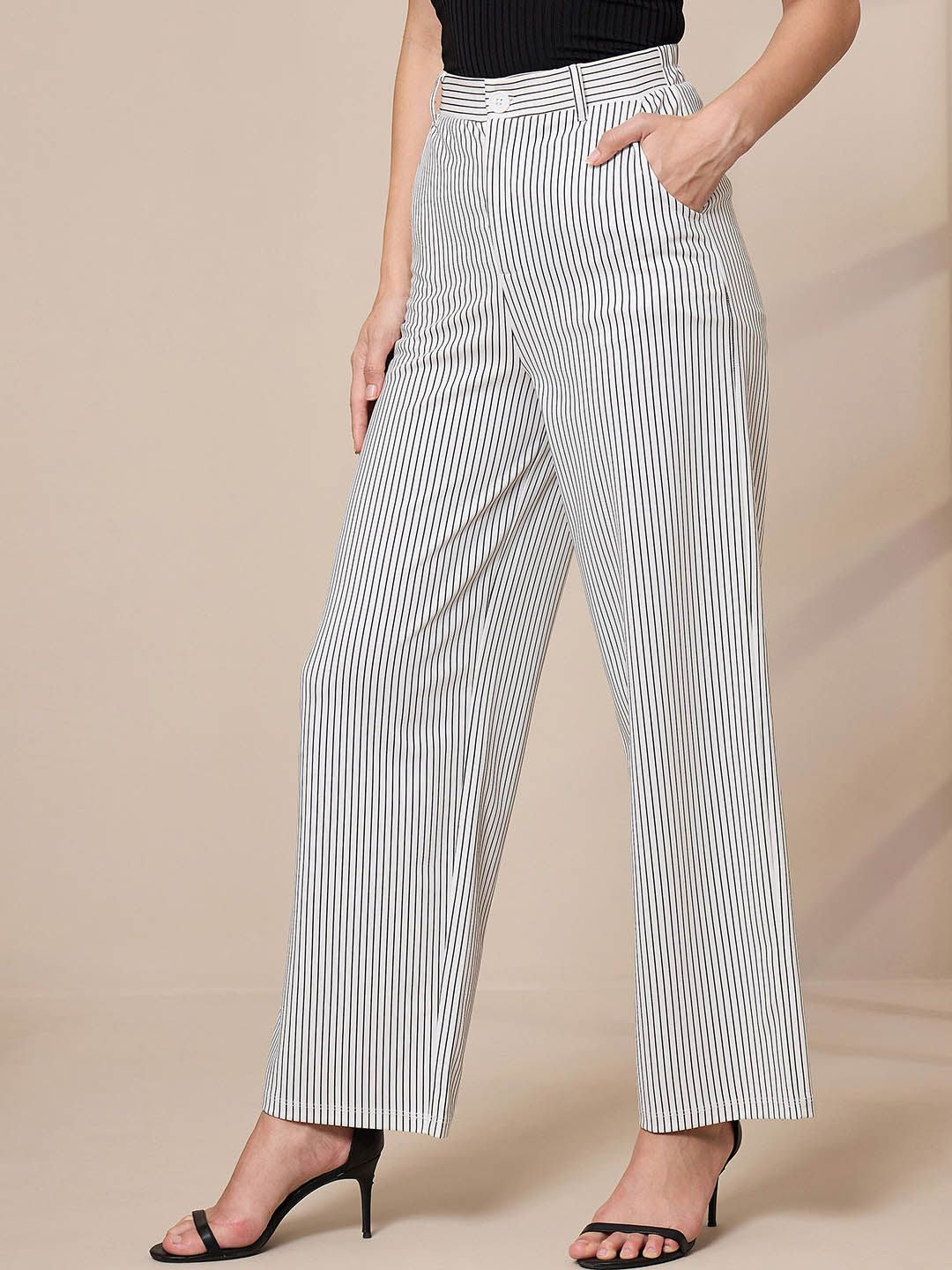SASSAFRAS worklyf Women Striped Straight Leg High-Rise Trousers