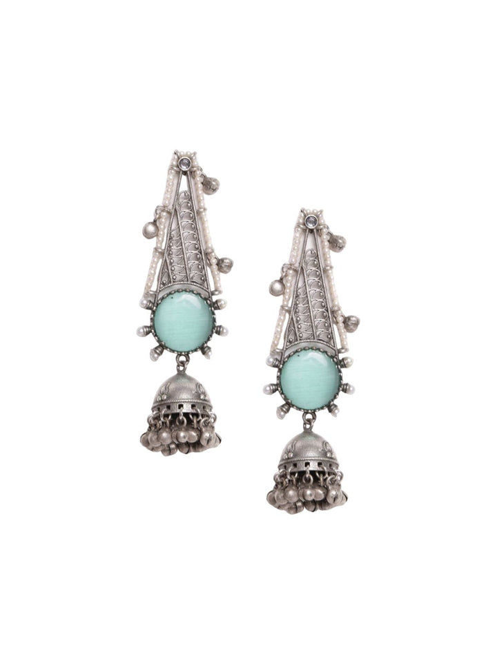 PANASH Silver Plated Cubic Zirconia Studded Oxidized Jhumka Earrings