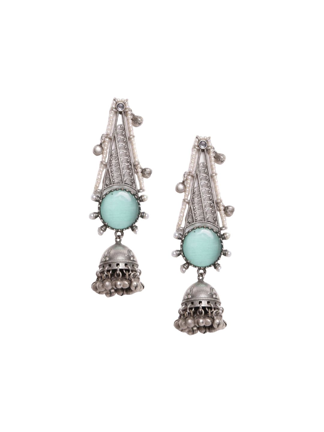 PANASH Silver Plated Cubic Zirconia Studded Oxidized Jhumka Earrings