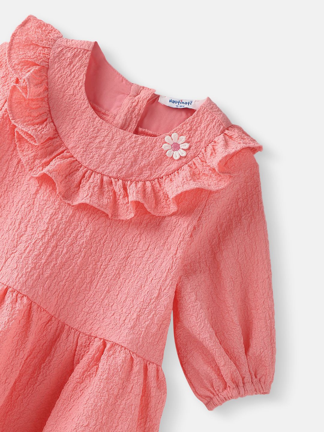 Nauti Nati  Girls Peach Cotton-Crepe Dress with Floral Brooch