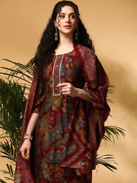 Anouk Maroon Floral Printed Round Neck Straight Kurta with Trousers & Dupatta
