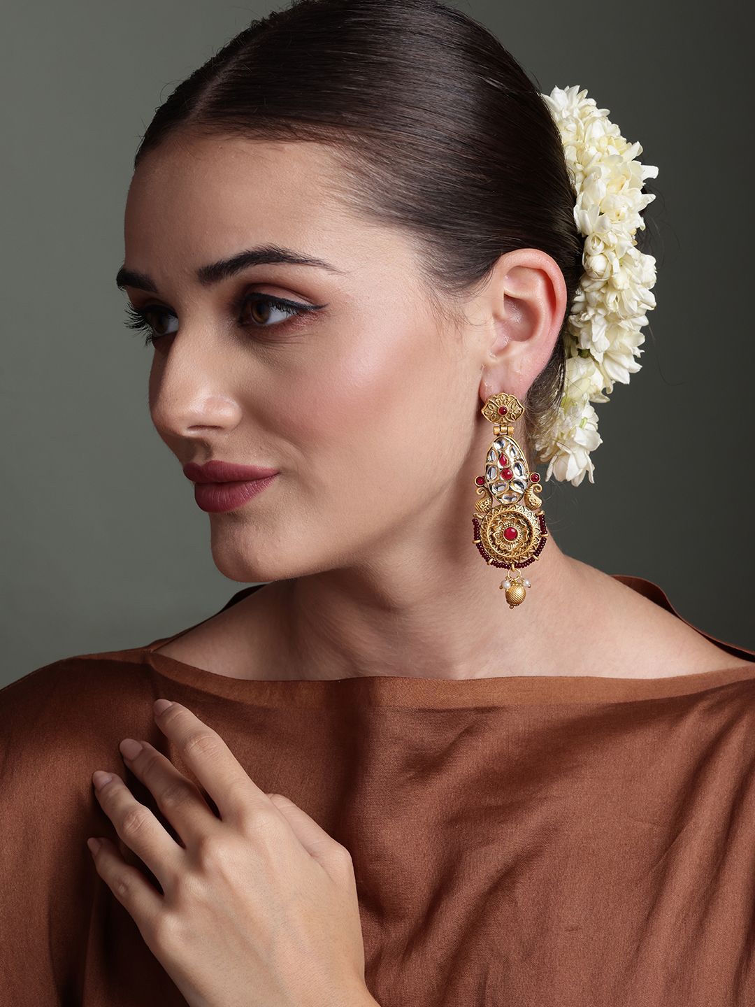 PANASH 22Ct Gold Plated Kundan Studded Floral Shaped Drop Earrings
