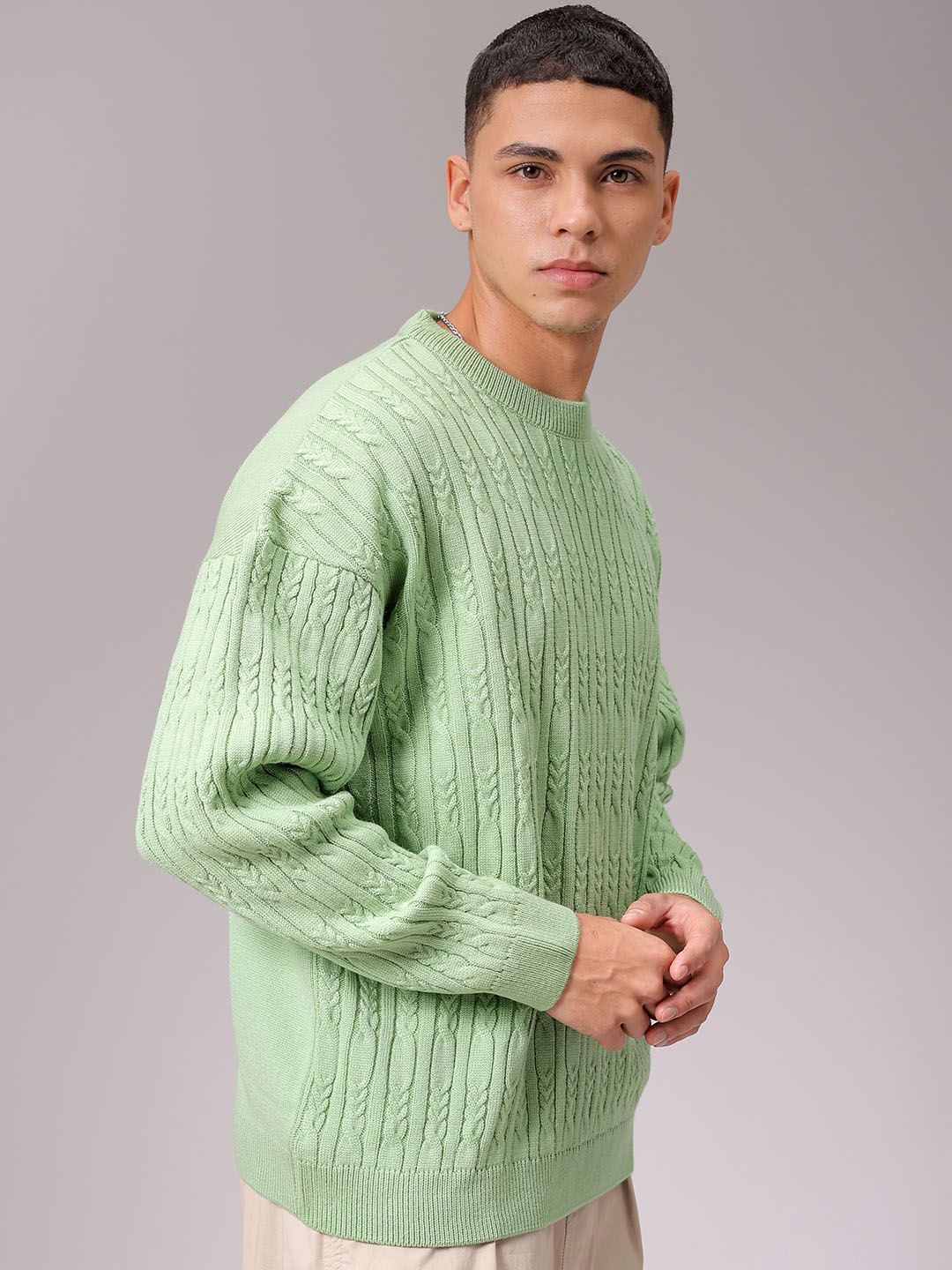 The Indian Garage Co Men Self Design Cable Knit Pullover