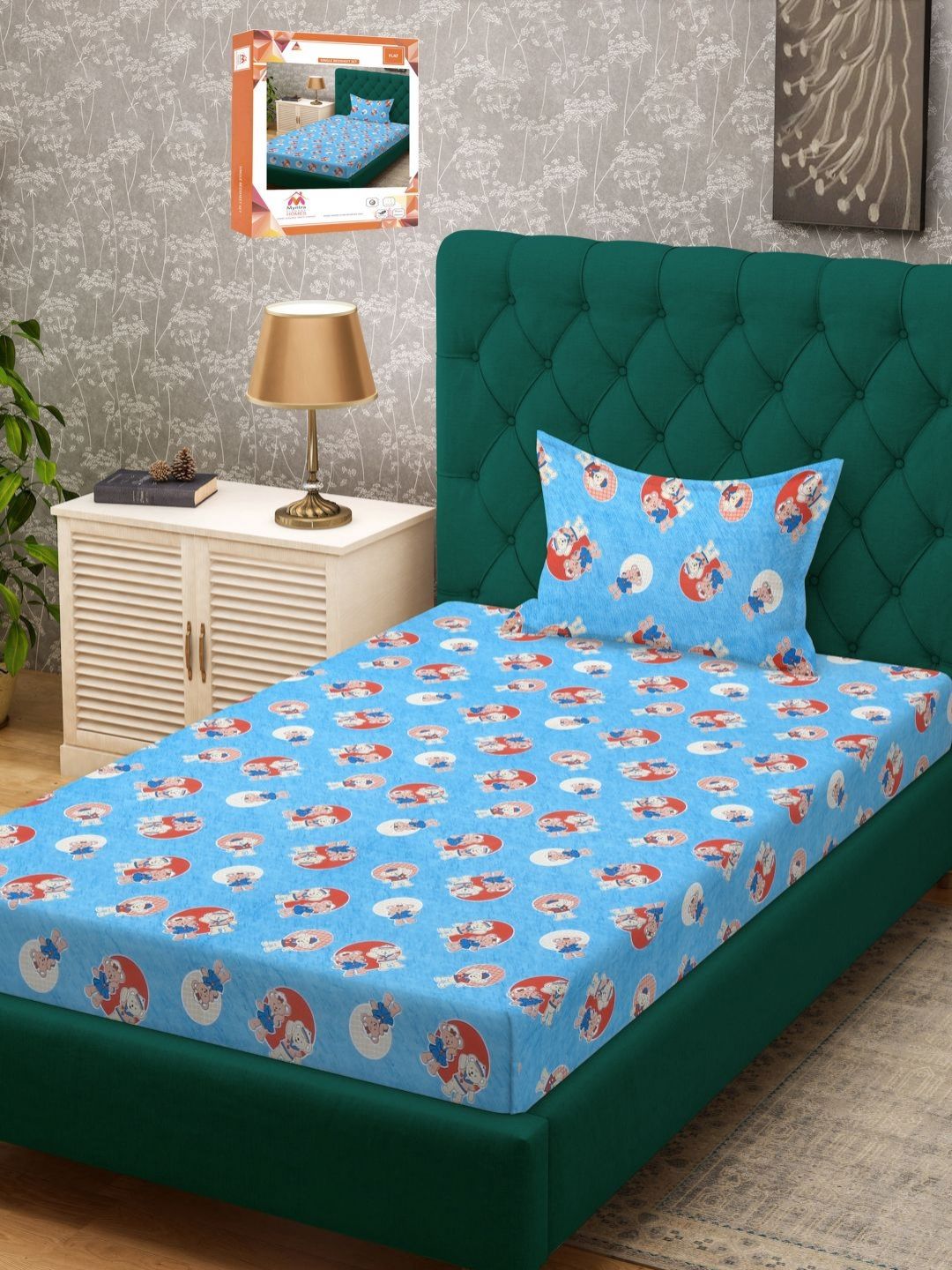 Myntra Elegant Homes Blue Conversational Cotton 400 TC Single Superfine Bedsheet with a Pillow Cover-89 x 59 inches
