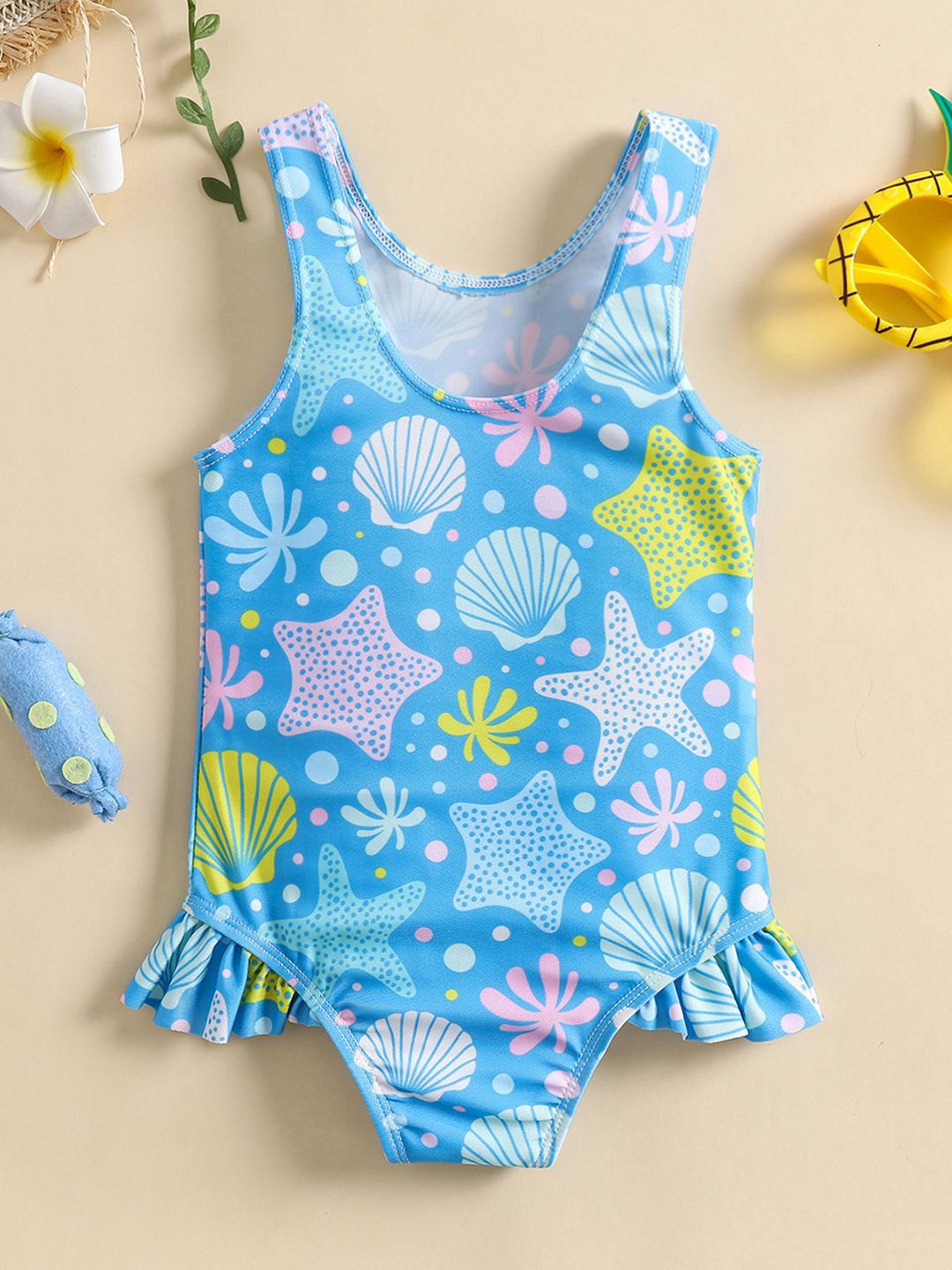 YK Girls Printed Round Neck Swimwear Bodysuit