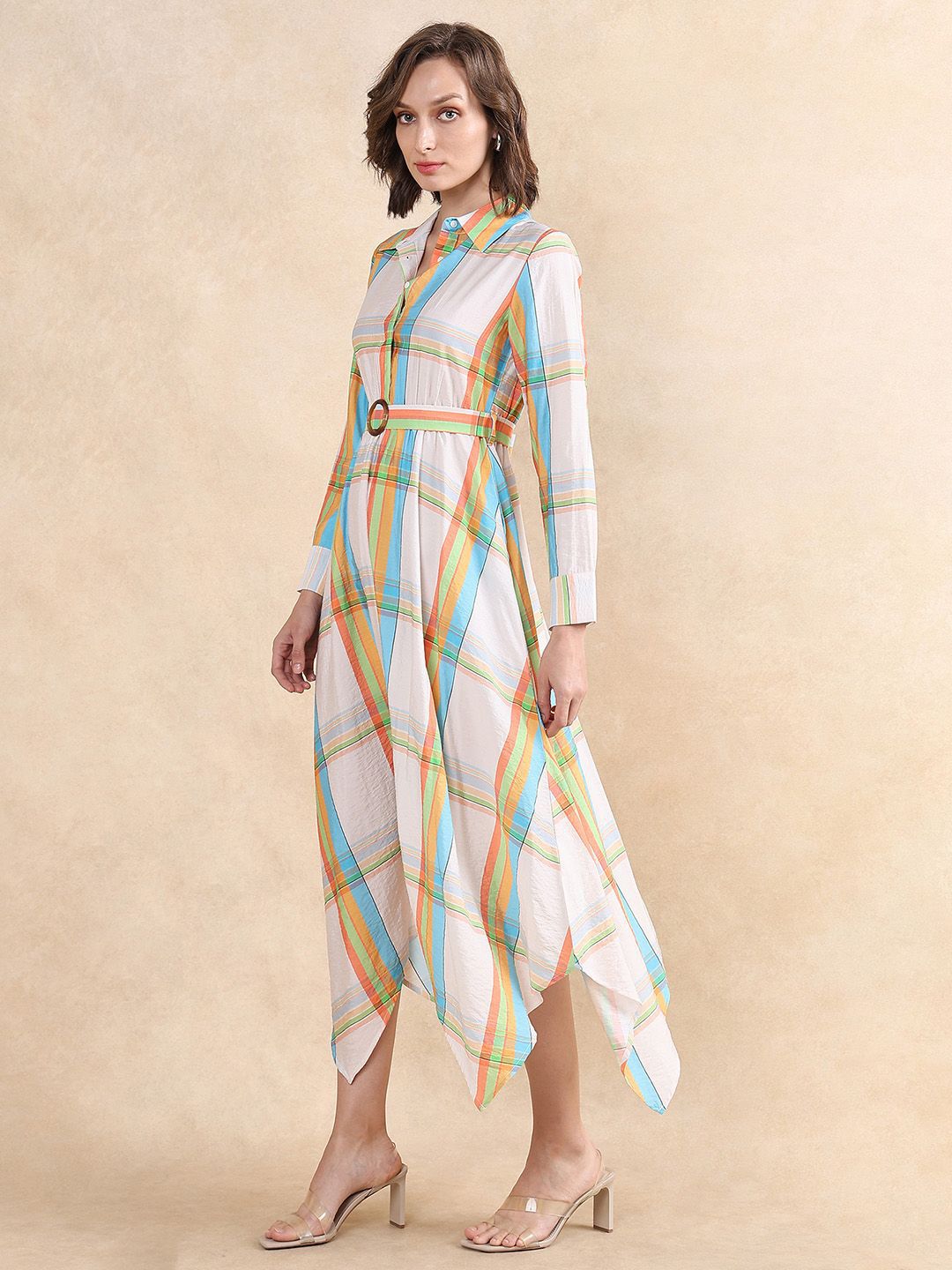RAREISM Women Checked Fit & Flare Belted Maxi Dress Pocket Detailing