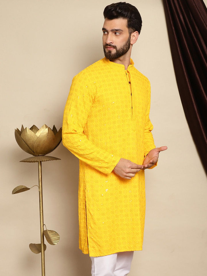 Anouk Yellow Embroidered Sequined Mandarin Collar Pure Cotton Kurta