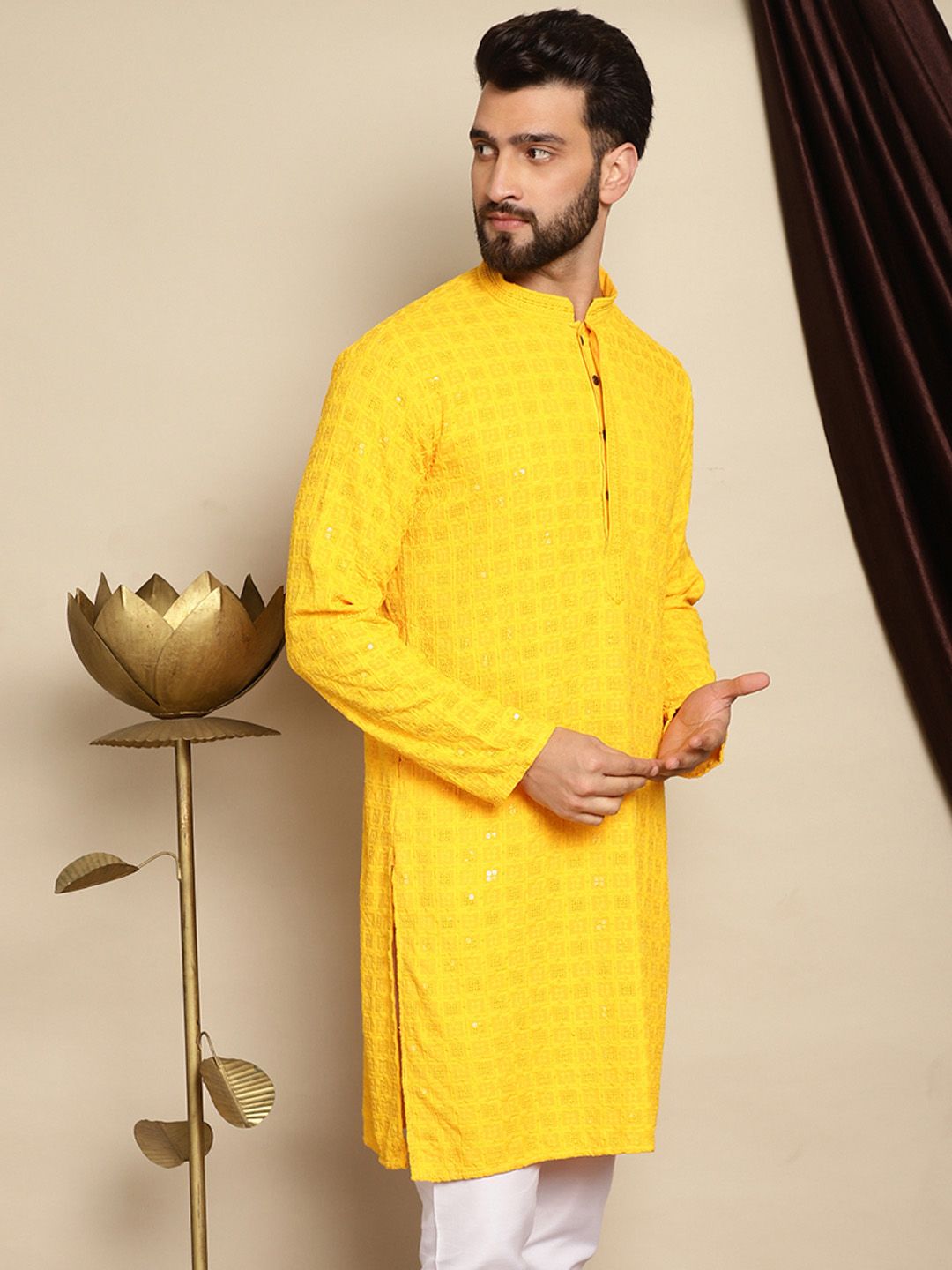 Anouk Yellow Embroidered Sequined Mandarin Collar Pure Cotton Kurta
