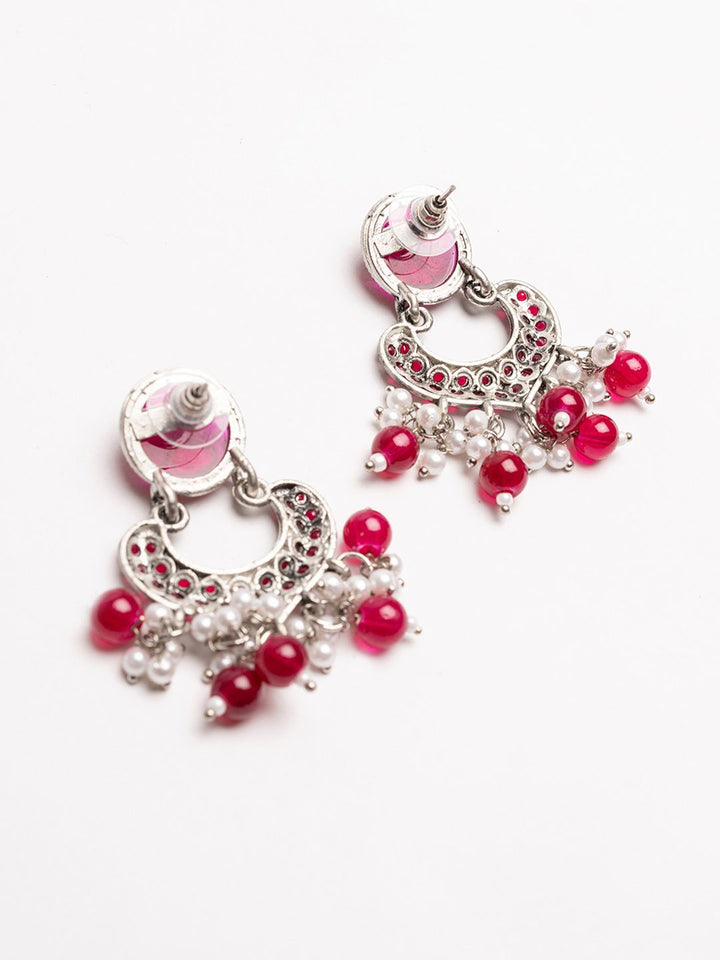 PANASH Silver-Plated Stones Studded And Beaded Contemporary Shaped Oxidized Drop Earrings
