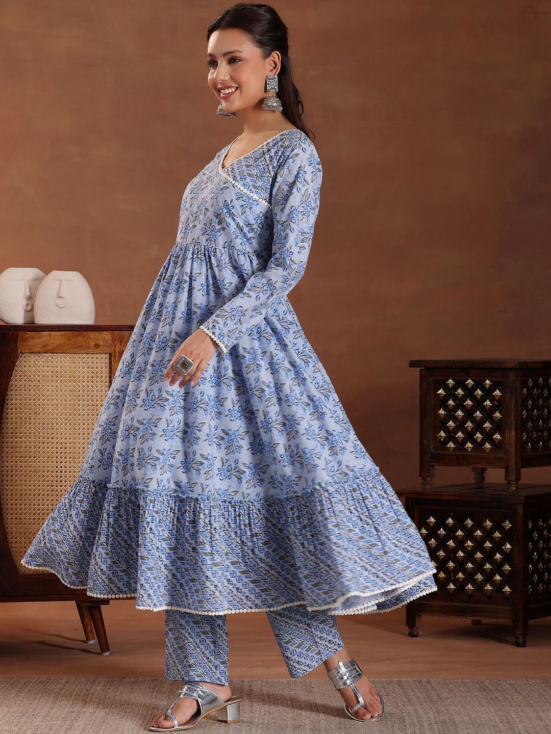 Libas Floral Printed Angrakha Pure Cotton Anarkali Kurta with Trousers & Dupatta