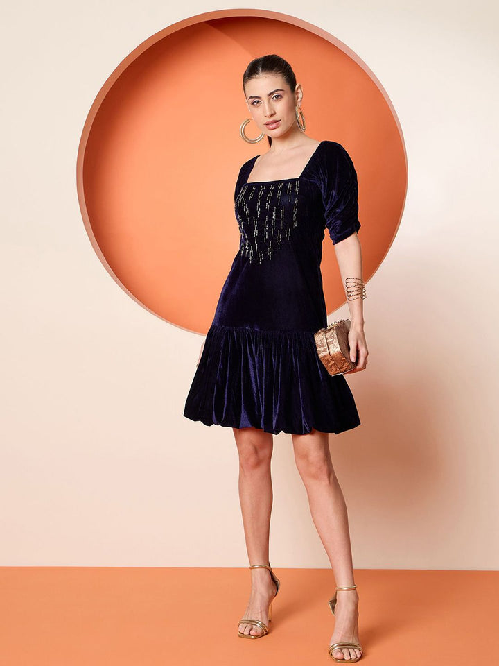 Antheaa Women Puff Sleeves Velvet Embellished A-Line Dress