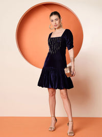 Antheaa Women Puff Sleeves Velvet Embellished A-Line Dress