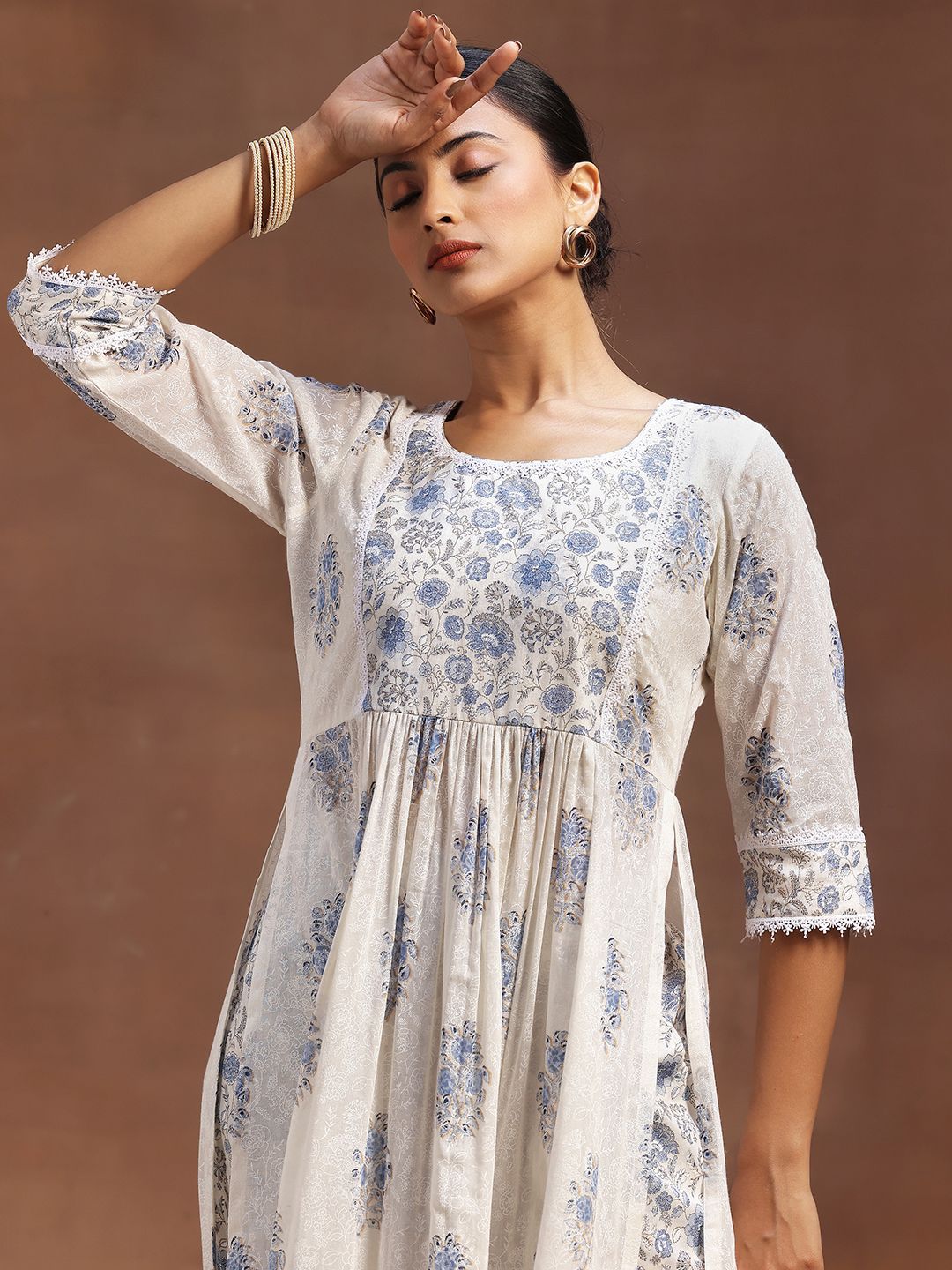 Libas Floral Printed Pleated Pure Cotton A-Line Kurta with Trousers & Dupatta
