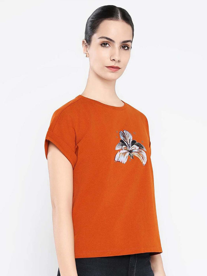Rareism Wanita Grafik Bercetak Kapas Leher Pusingan T-shirt Santai