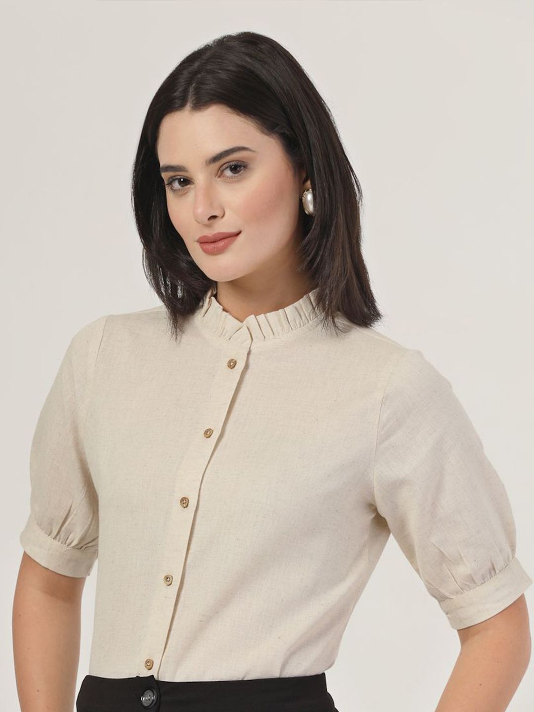 Style Quotient Women Smart Mandarin Collar Solid Cotton Formal Shirt