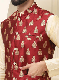 SOJANYA Mandarin Collar Silk Cotton Kurta With Churidar & Woven Design Nehru Jacket