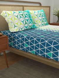 URBAN SPACE Divine Blue & White Geometric Cotton 144 TC Queen Bedsheet Set