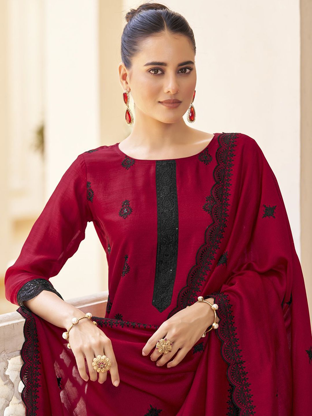 KALINI Floral Embroidered Straight Kurta with Trousers & Dupatta
