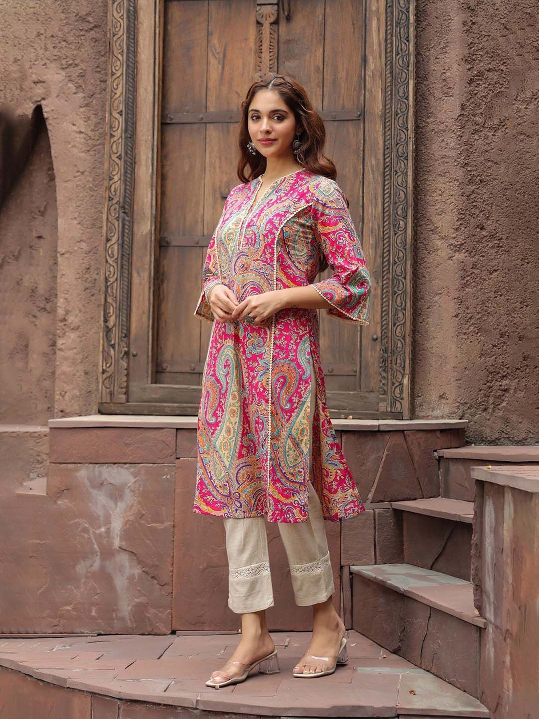 Rain & Rainbow Women Ethnic Motifs Printed Flared Sleeves Mirror Work Kurta