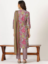 W Purple Floral Printed Three-Quarter Sleeves Pure Cotton Kurta With Trouser & Dupatta