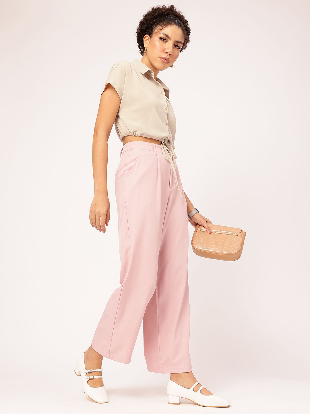 DressBerry Neutral Chic Tie-Up Waist Shirt Style Crop Top