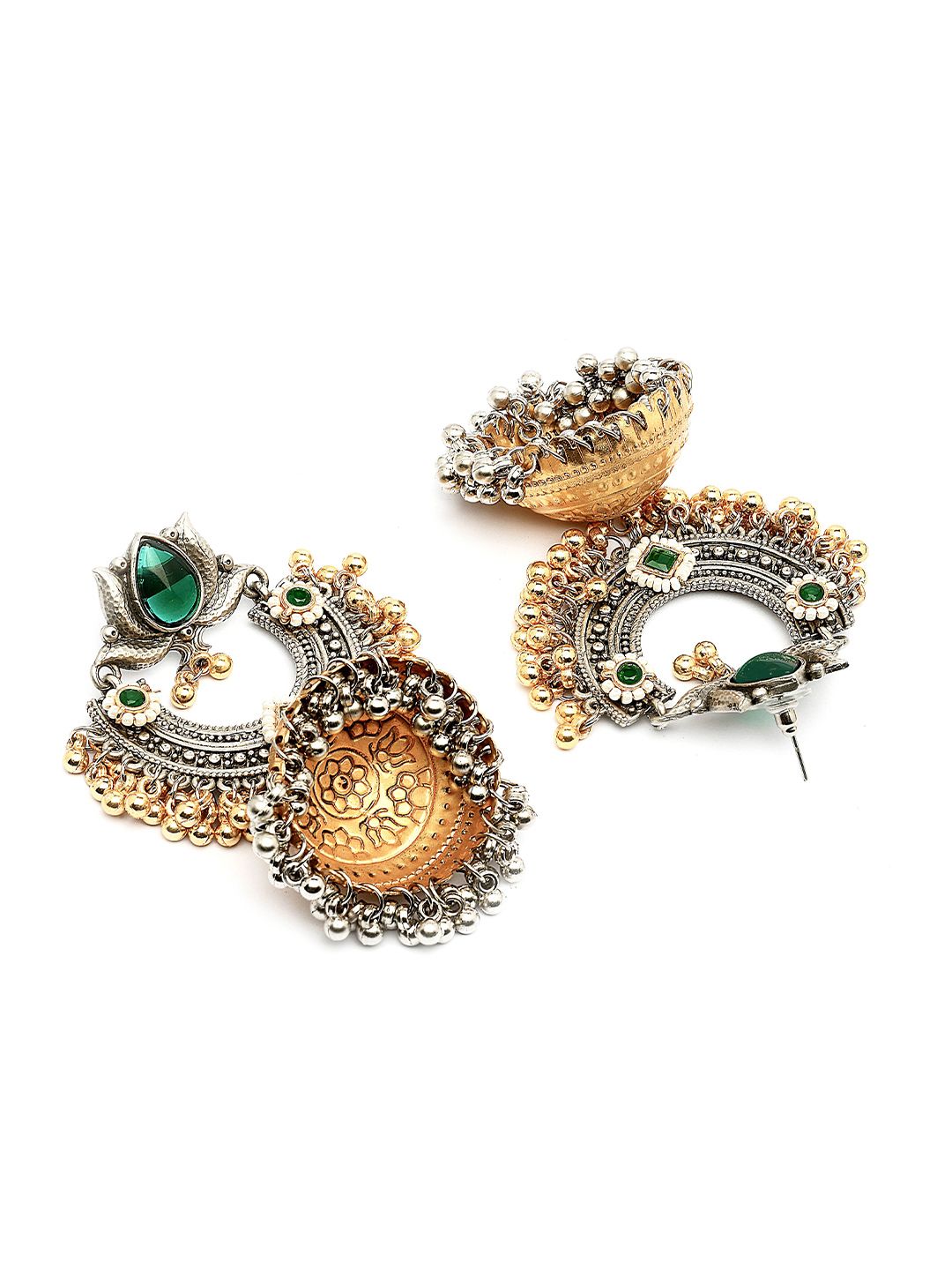 KARATCART Gold-Plated Dome Shaped Kundan Studded & Beaded Lotus Motif Oxidized Jhumkas