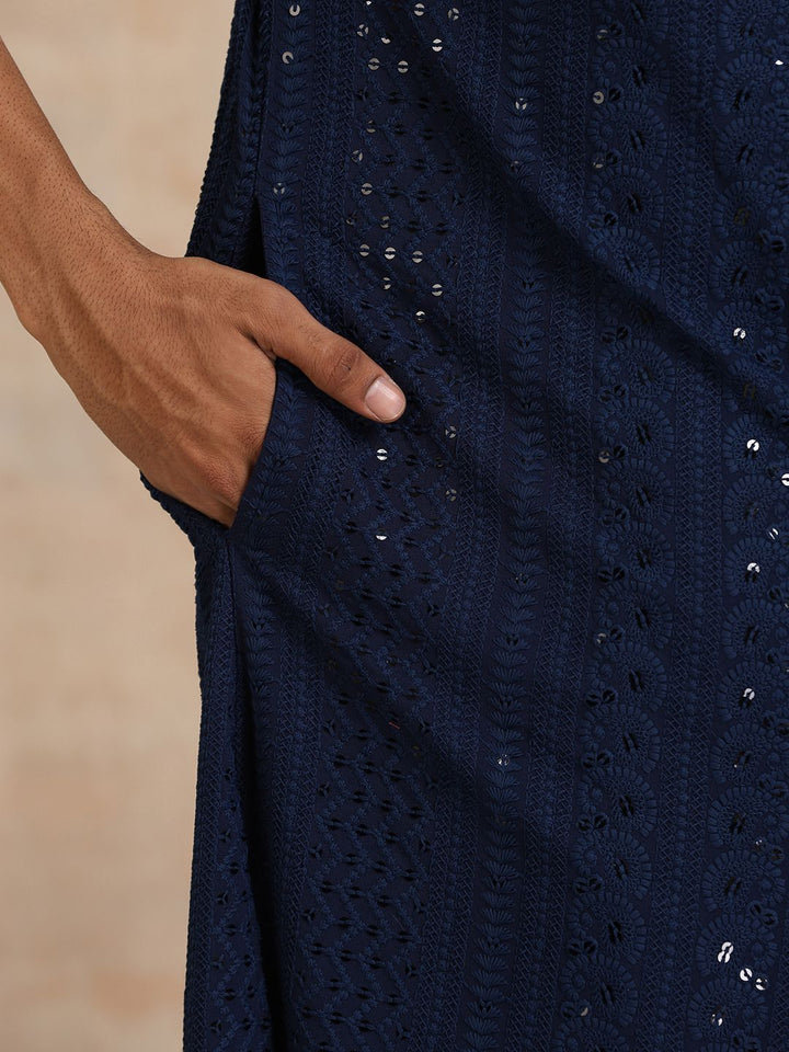 House of Chikankari Men Navy Blue Rayon Embroidered Kurta