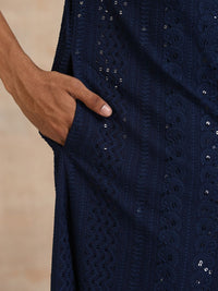 House of Chikankari Men Navy Blue Rayon Embroidered Kurta