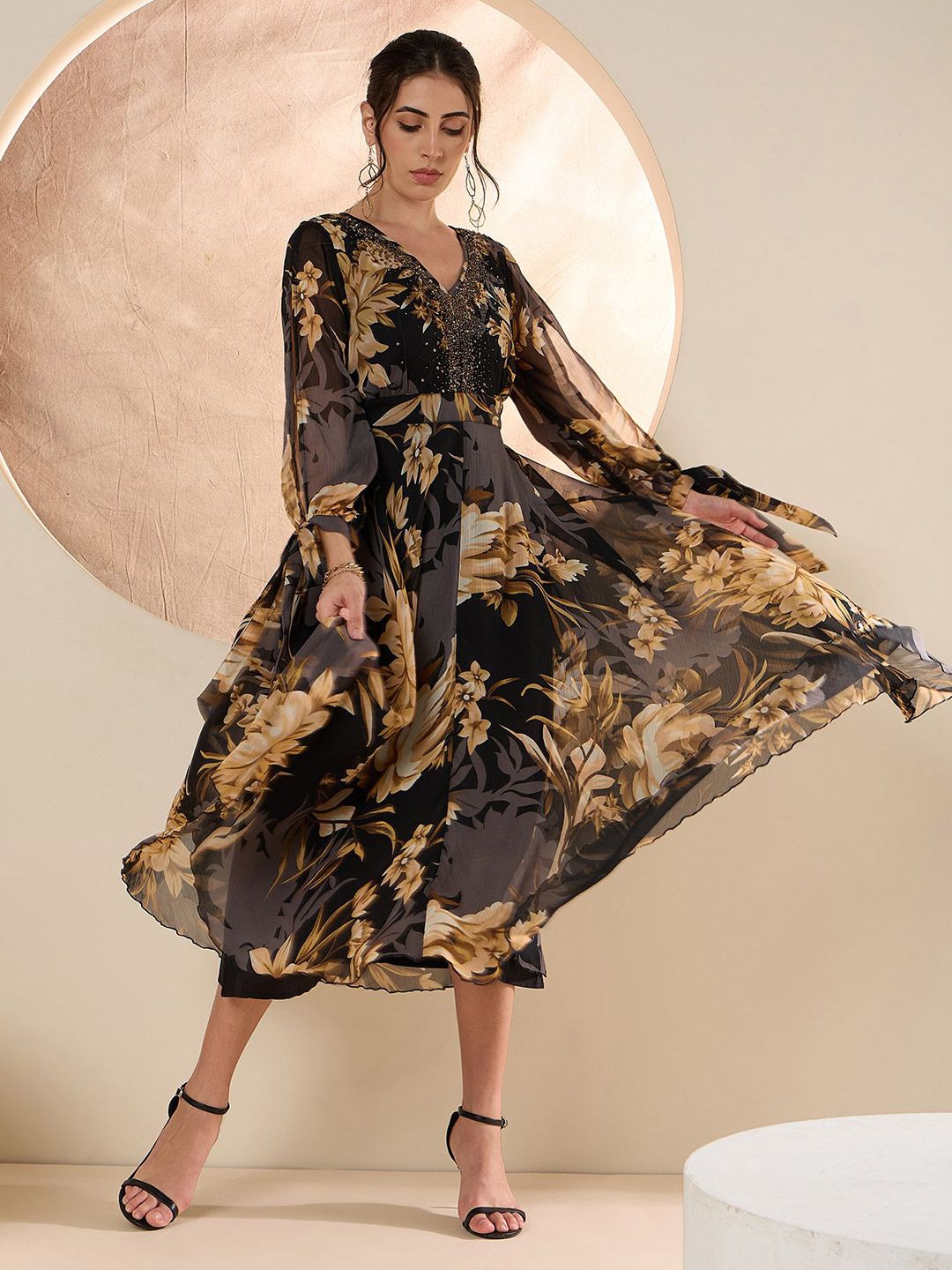 Antheaa Floral Embellished Flared Sleeve Chiffon A-Line Midi Dress