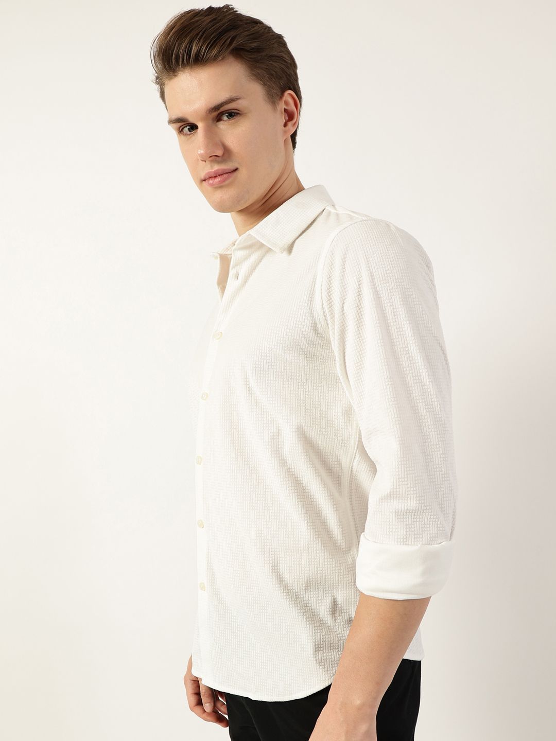 Thomas Scott Men Classic Spread Collar Textured Solid Slim Fit Casual Shirt