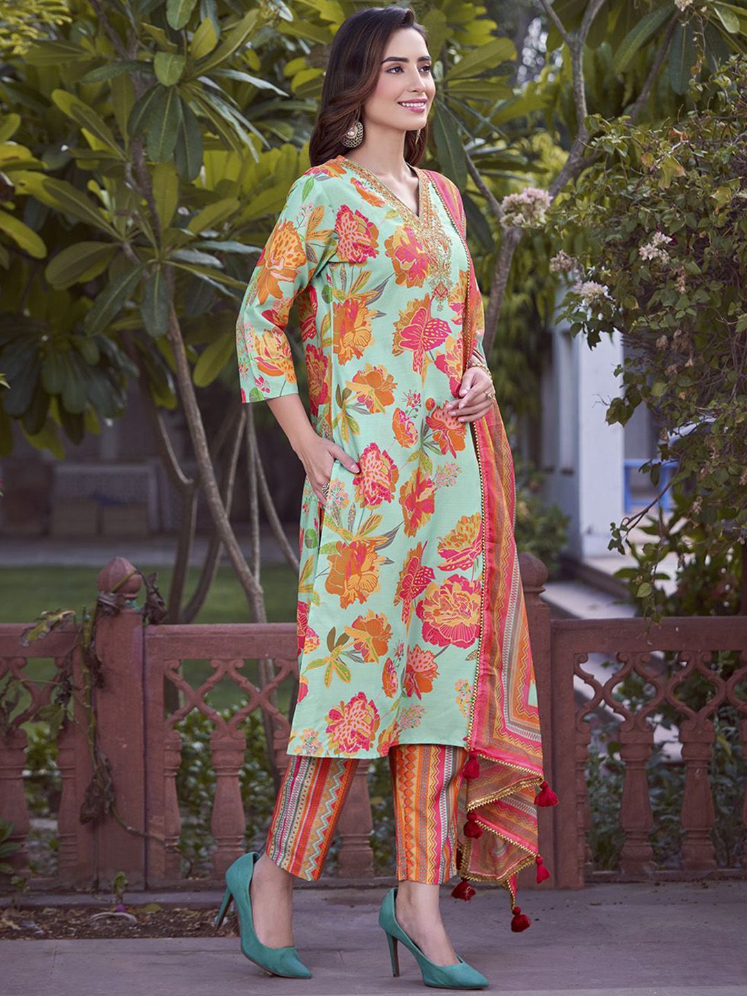 KALINI Floral Printed Kurta with Trousers & Dupatta