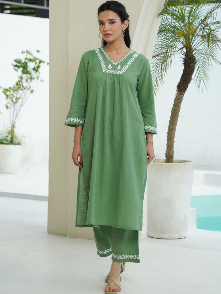 House of Chikankari Wanita 2 Keping Kurta Kapas Tulen Biasa dengan Set Seluar
