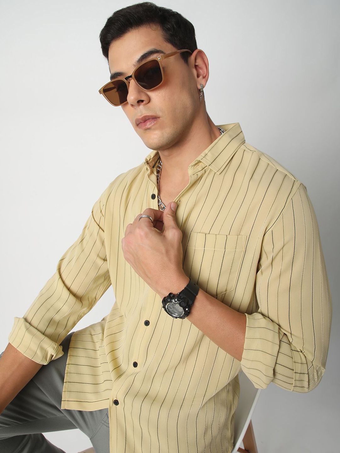 VASTRADO Men Classic Spread Collar Vertical Striped Slim Fit Casual Shirt