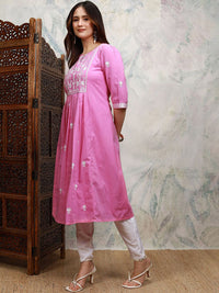 Vishudh Ethnic Motifs Embroidered Keyhole Neck Thread Work Cotton A-Line Kurta