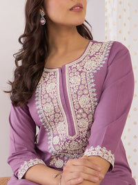 Indo Era Floral Embroidered Round Neck Straight Tunic With Trouser