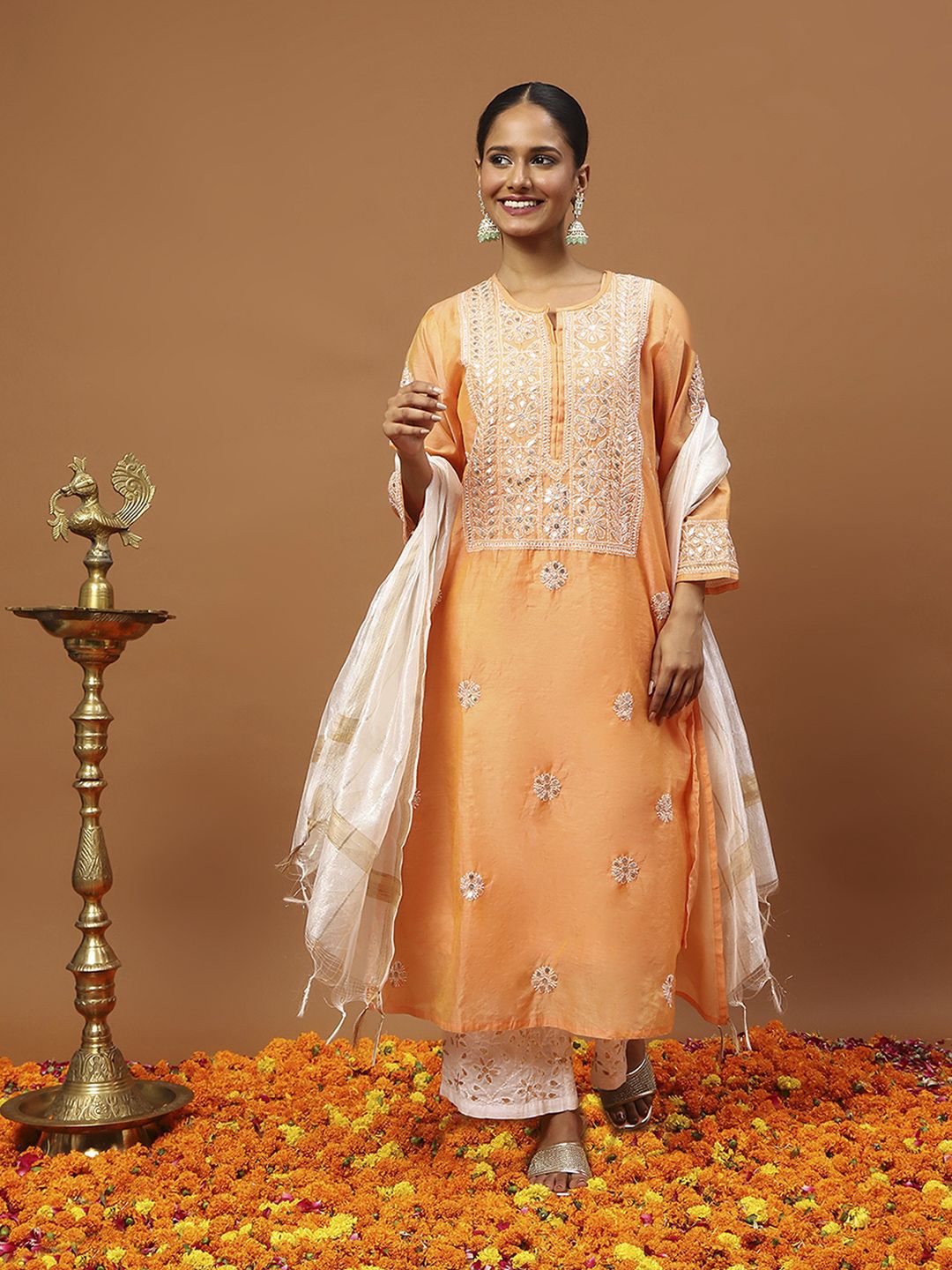 House of Chikankari Women Orange Chanderi Chikankari Embroidered Kurta Set