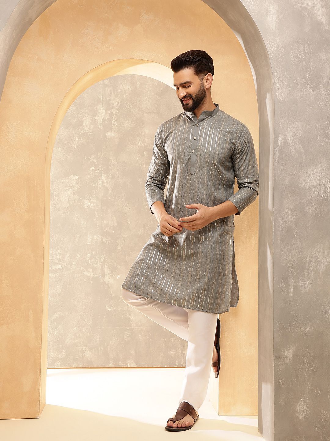 Anouk Grey Striped Embroidered Sequinned Mandarin Collar Pure Cotton Kurta With Pyjama