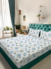 KLOTTHE White & Blue Floral Printed Set Cadar Double King 300 TC King 2.50 x 2.25 m