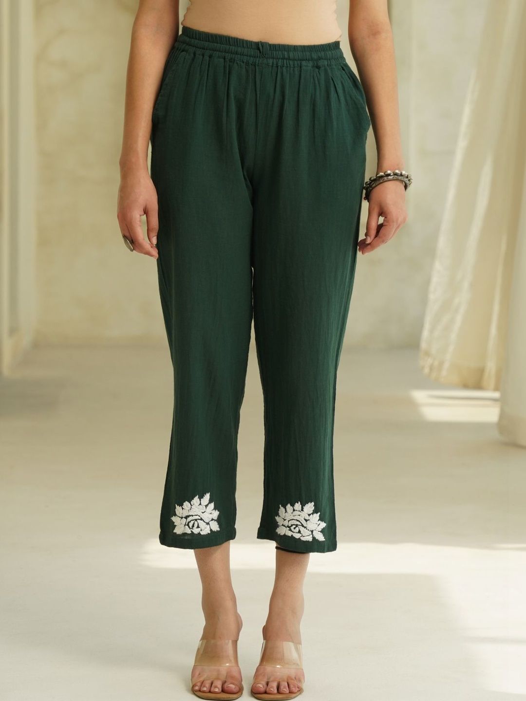 House of Chikankari Green 2 Keping Cotton Solid Tunic dengan Set Co-Ord Seluar