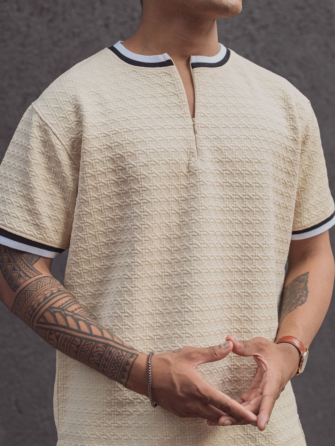 Powerlook Men Solid Mandarin Collar T-Shirt