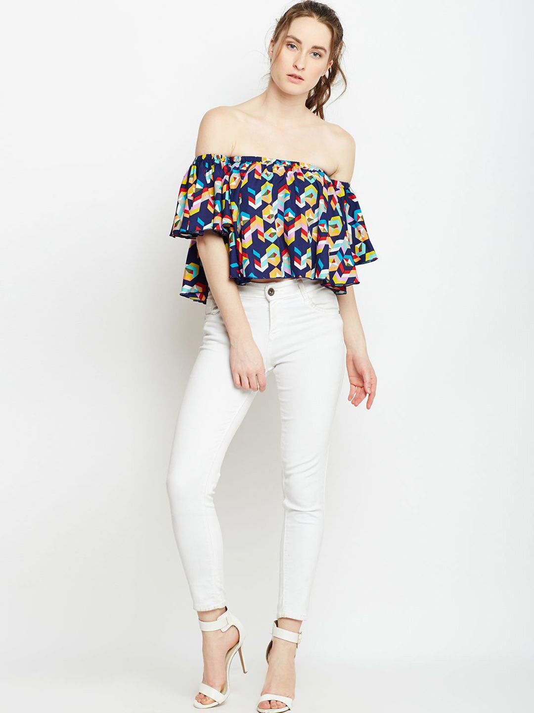 Berrylush Geometric Print Off-Shoulder Flared Sleeve Ruffles Bardot Crop Top