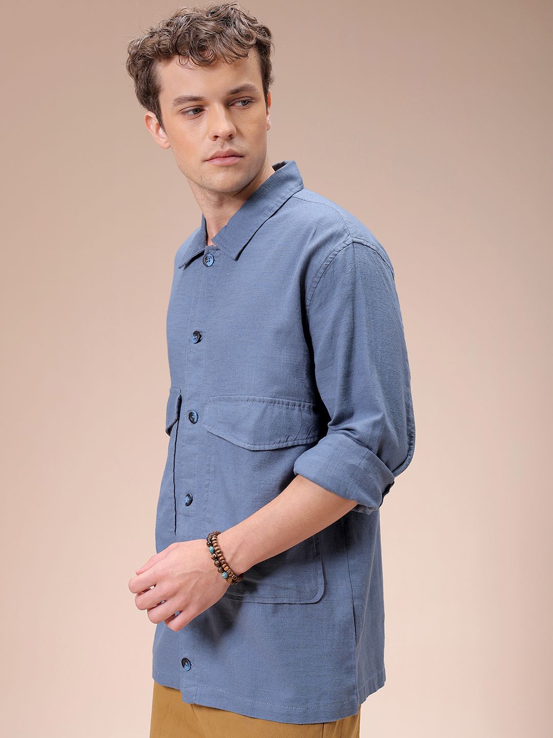 The Indian Garage Co Men Regular Fit Solid Double Flap Pocket Resortwear Overshirt