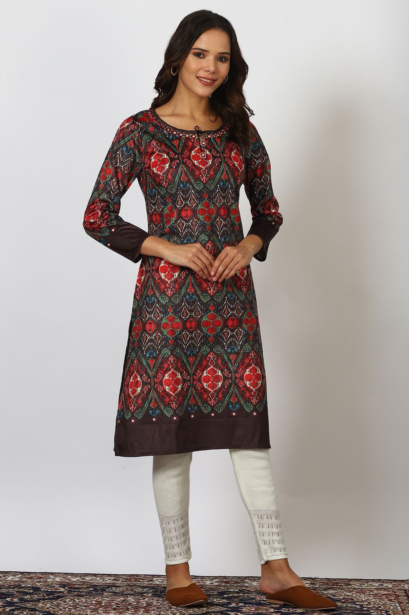 W Ethnic Motifs Printed Mirror Work Keyhole Neck A-Line Kurta